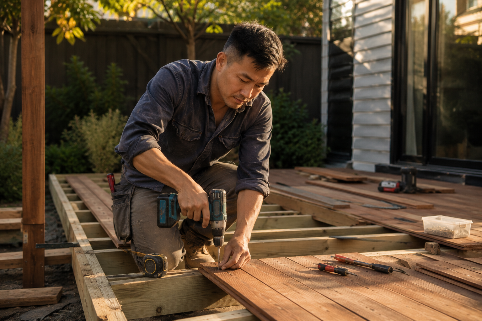 Joe Traydee mid-job, kneeling on a partially built deck, drilling deck boards