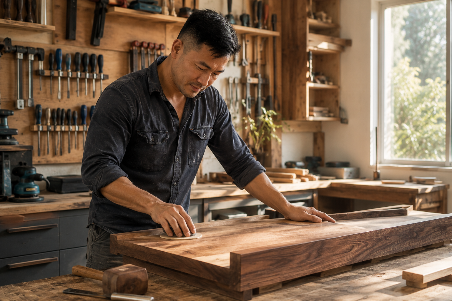 Joe Traydee in his workshop, sanding a custom timber piece in soft window light
