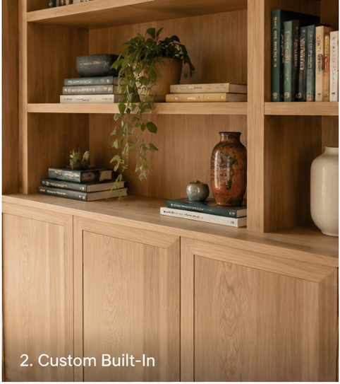 Custom timber built-in bookshelf with plants and ceramic decor