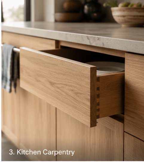 Custom kitchen carpentry detail with timber drawer