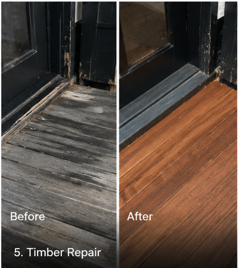 Timber repair before and after, weathered to restored
