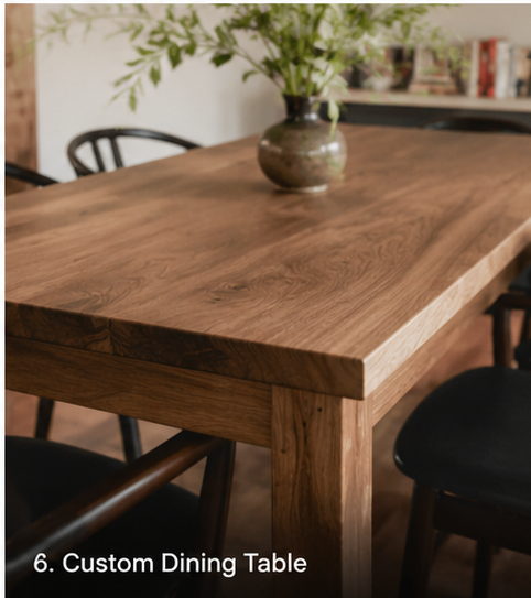 Custom timber dining table with chair and plant